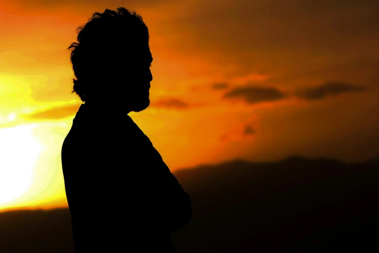 a silhouette of a person standing in front of a sunset, alejandro inarritu, profile image, ((sunset)), various posed