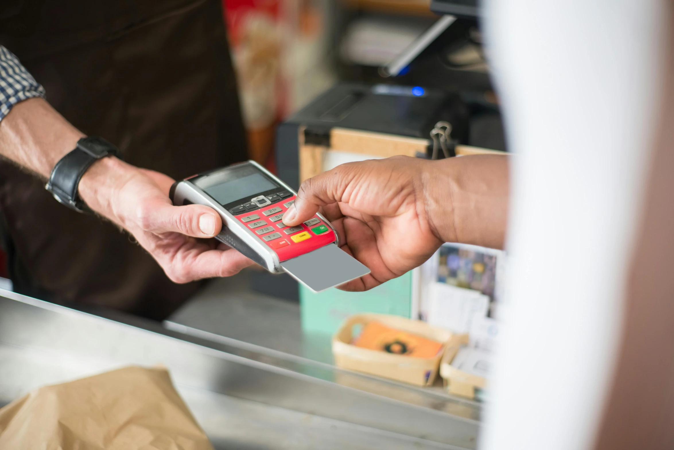 a close up of a person holding a credit card, private press, square, at the counter, full of colour, thumbnail