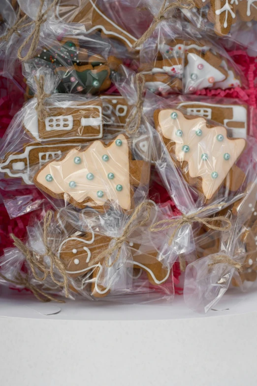 a close up of a bag of cookies on a table, gingerbread candy village, thumbnail, premium, gifts