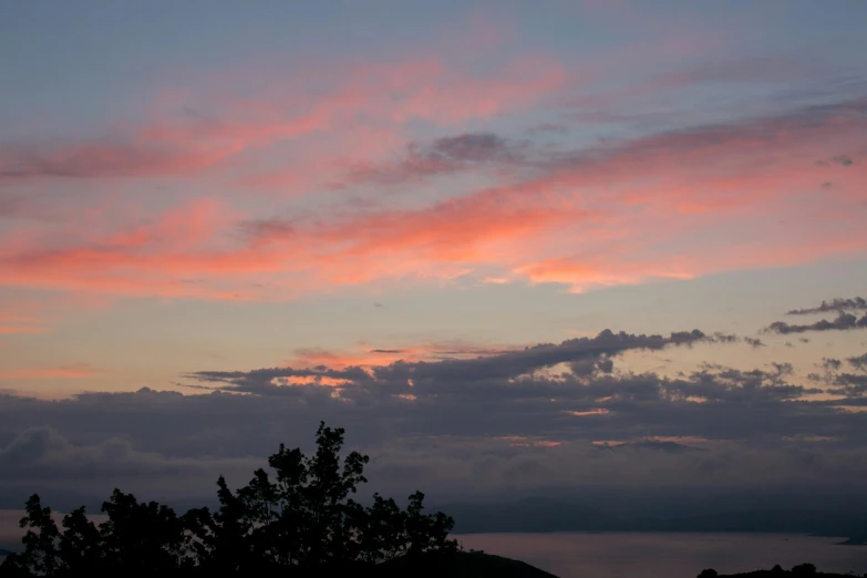 a sunset over a body of water with trees in the foreground, inspired by Frederic Edwin Church, unsplash contest winner, romanticism, pink and grey clouds, jamaica, panorama view of the sky, today\'s featured photograph 4k