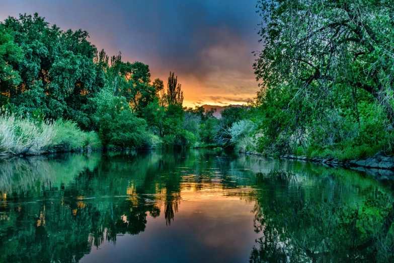 a river running through a lush green forest, inspired by Ethel Schwabacher, pexels contest winner, romanticism, sunset with cloudy skies, fire reflection, canals, new mexico