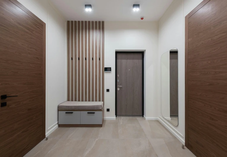 a hallway with two wooden doors and a bench, anton fadeev 8 k, brown and cream color scheme, high-quality photo, residential design