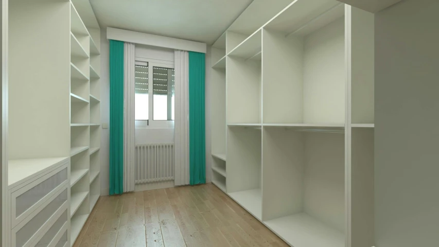 a walk in closet with white shelves and blue curtains, a 3D render, unsplash, octane render - 8 k, sea - green and white clothes, single floor, [ 4 k photorealism ]!!