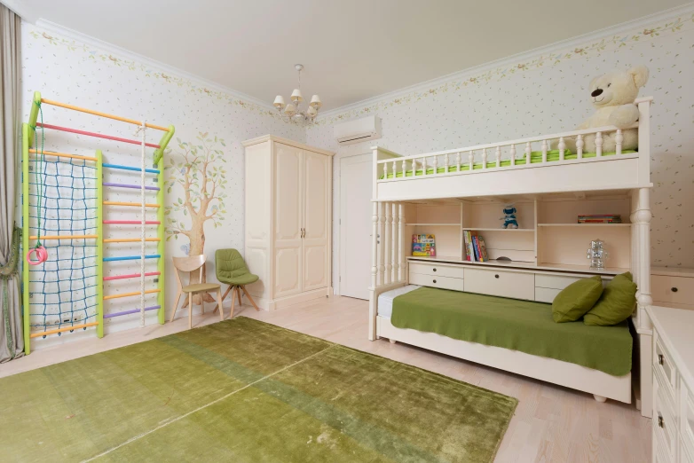 a bedroom with a bunk bed and a green rug, inspired by Elsa Beskow, pexels contest winner, danube school, cream - colored room, daniil kudriavtsev, high quality wallpaper, beautiful high resolution