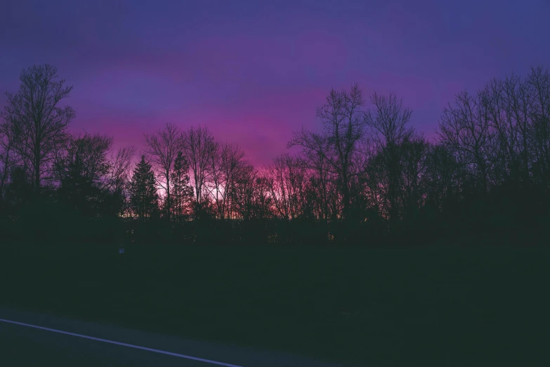 the sun is setting behind the trees on the side of the road, inspired by Elsa Bleda, pexels contest winner, gradient black to purple, vsco, pink clouds, purple and red color bleed