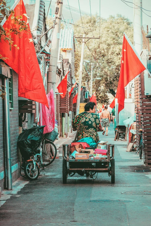 a woman pushing a cart down a narrow street, a silk screen, trending on unsplash, cloisonnism, red flags, vintage color photo, bright, square