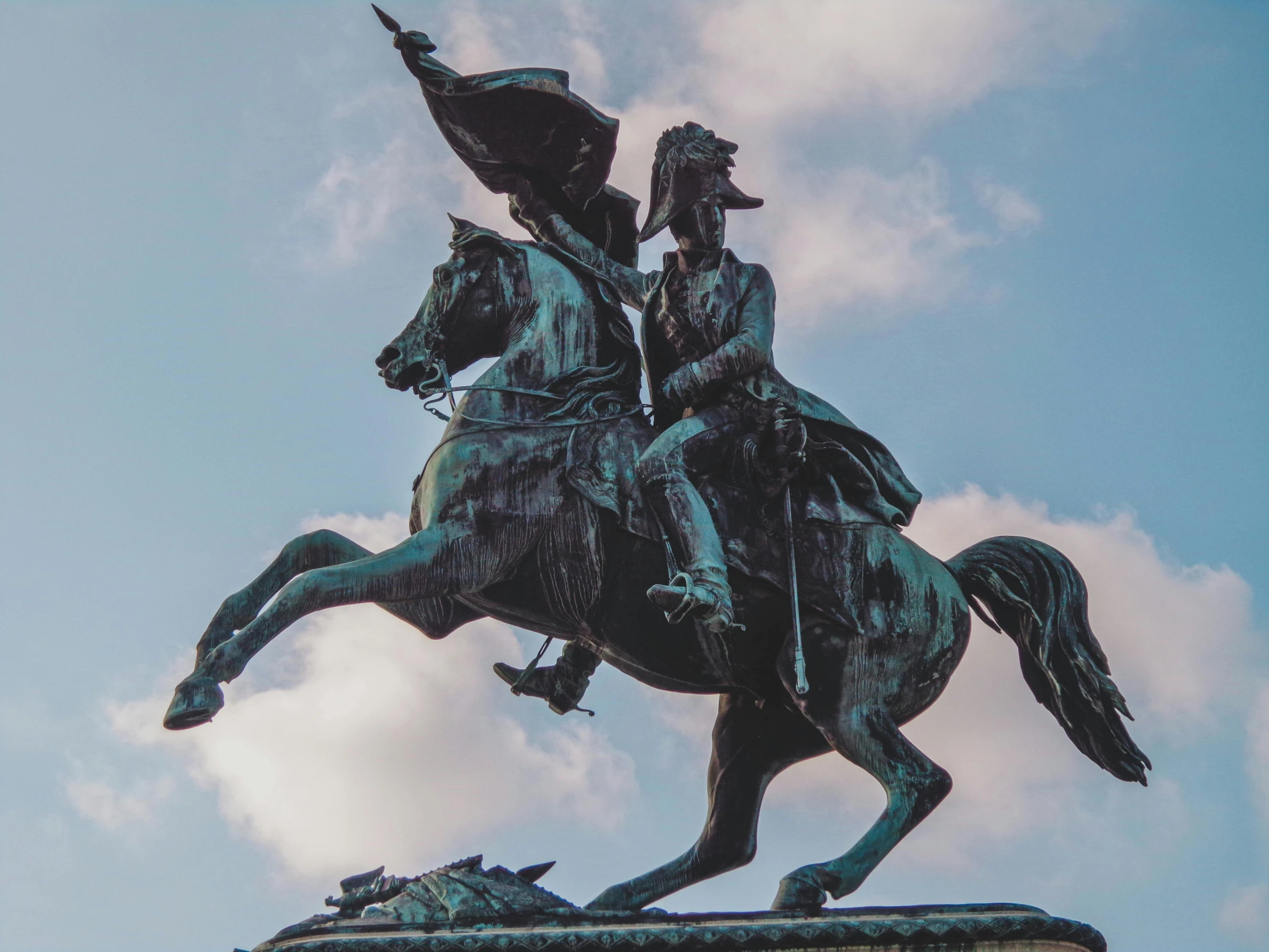 a statue of a man riding on the back of a horse, inspired by Prince Hoare, pexels contest winner, figuration libre, square, napoleonic, 🚿🗝📝, verdigris