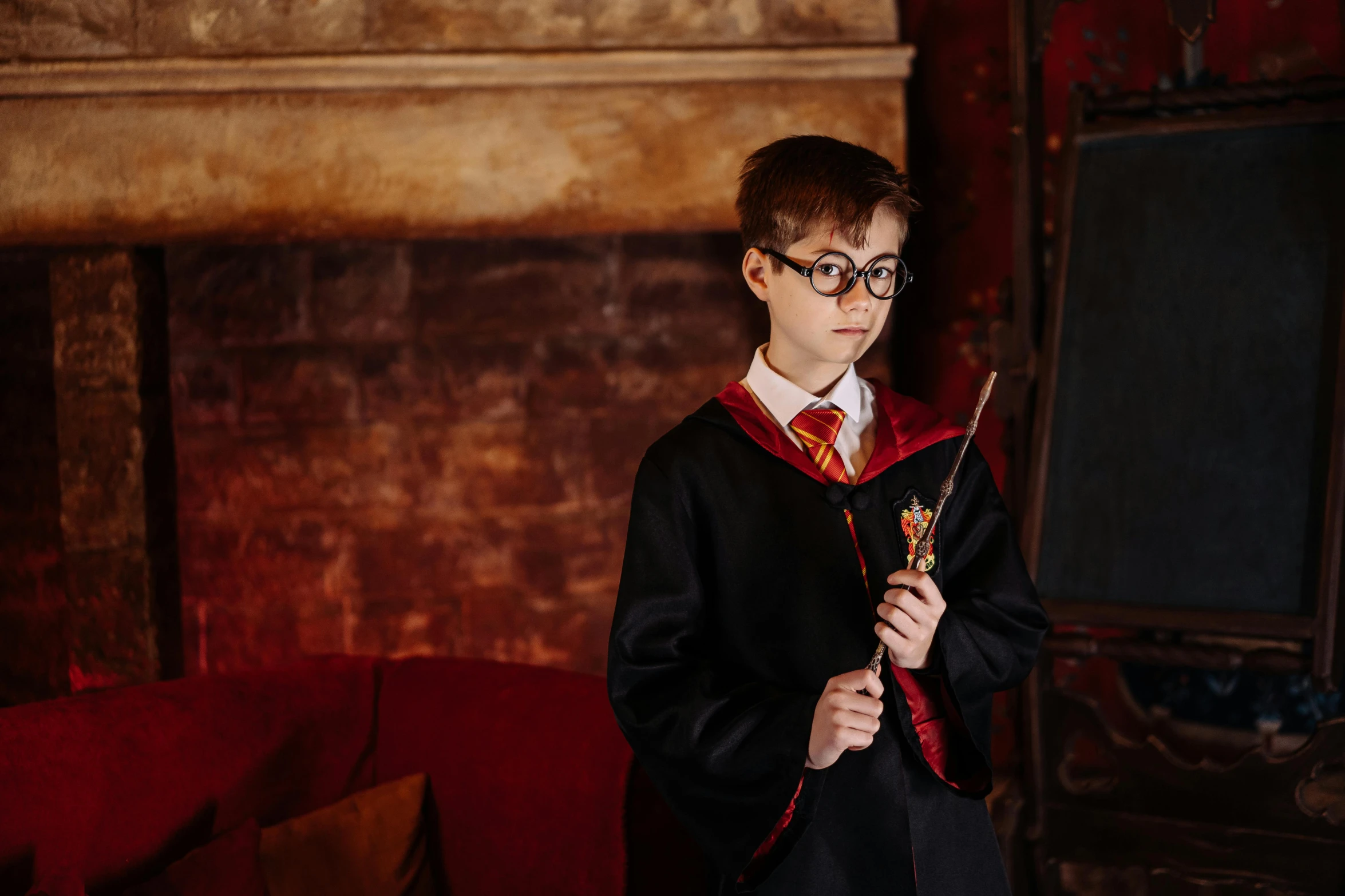 a young boy dressed as harry potter holding a wand, a portrait, trending on pexels, hogwarts gryffindor common room, 🦩🪐🐞👩🏻🦳, spectacles, brown robes