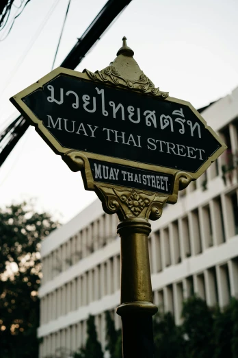 a close up of a street sign on a pole, by Max Buri, thai architecture, ☁🌪🌙👩🏾, in the middle of the street, square