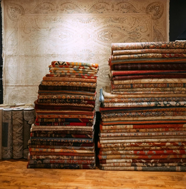 a pile of fabric sitting on top of a wooden floor, arte povera, persian carpets, scrolls, dezeen showroom, intricate highly detailed 8 k