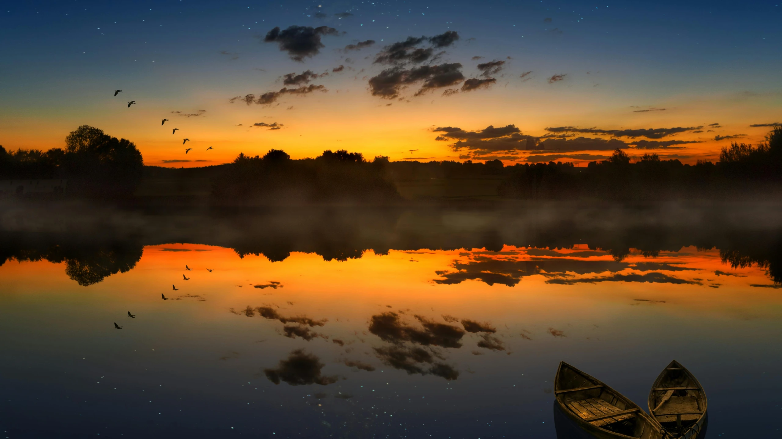 a boat sitting on top of a lake next to a forest, pexels contest winner, romanticism, nightfall, andrey gordeev, sunset panorama, night sky reflected in the water