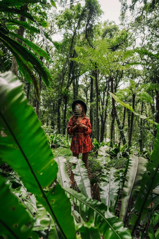 a woman standing in the middle of a forest, sumatraism, lush verdant plants, wearing adventuring gear, panoramic view of girl, tamborine