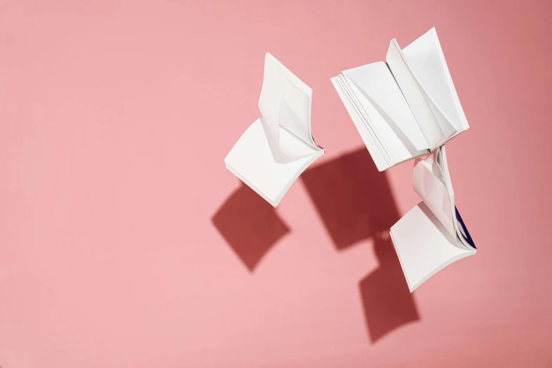 paper planes flying in the air on a pink background, by Carey Morris, pexels contest winner, private press, holding books, dwell, white paper, leaping