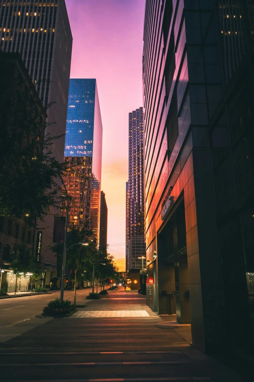 a city street lined with tall buildings at dusk, instagram picture, corporate memphis, location [ chicago ( alley ) ], phoenix