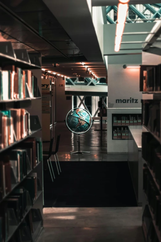 a bookshelf filled with lots of books in a library, by Konrad Witz, pexels contest winner, modernism, inside a globe, light source on left, inside a brutalist space ship, swiss modernizm