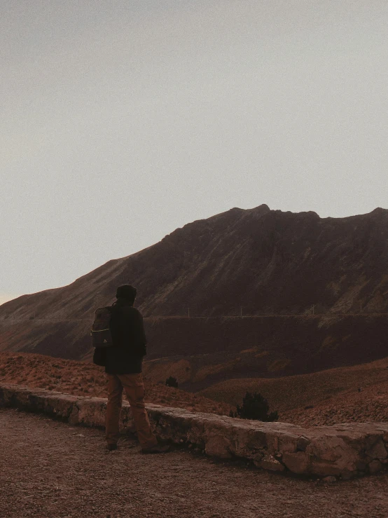 a person standing on a road with mountains in the background, by Pablo Rey, faded glow, background image, profile picture, crater