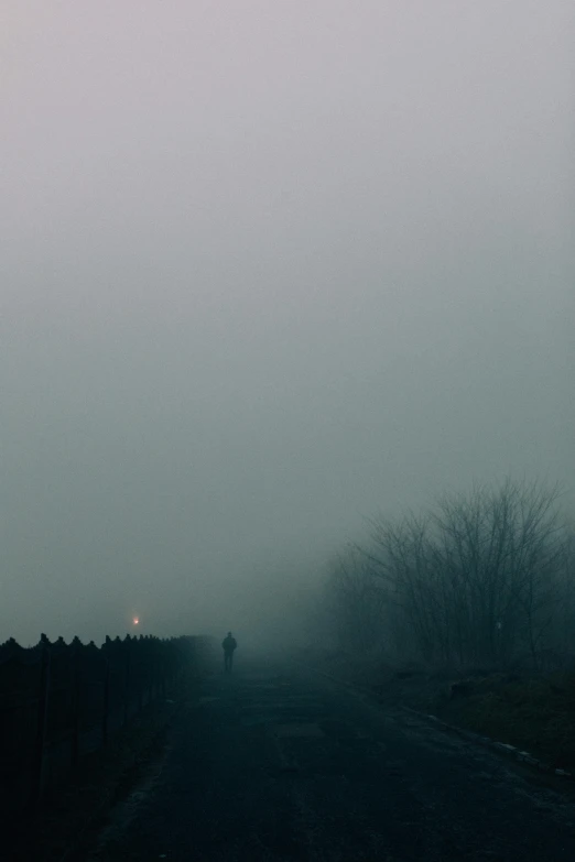 a person walking down a road on a foggy day, by Zou Zhe, 'lone dark figure'!!, foggy dark graveyard, distant photo, made of mist