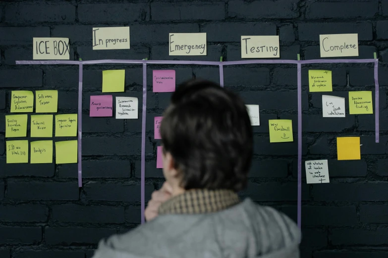 a person standing in front of a wall covered in post it notes, timeline nexus, background image, dark mood, person in foreground