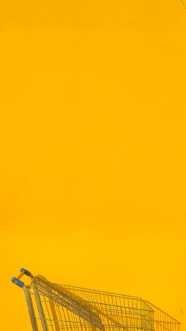 a shopping cart sitting in front of a yellow wall, by Barnett Newman, fine art, website banner, ffffound, marigold, abstract claymation