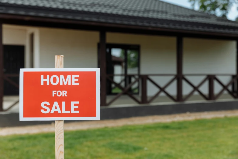 a home for sale sign in front of a house, a poster, by Carey Morris, shutterstock, square, background image, colour photograph, 90's photo