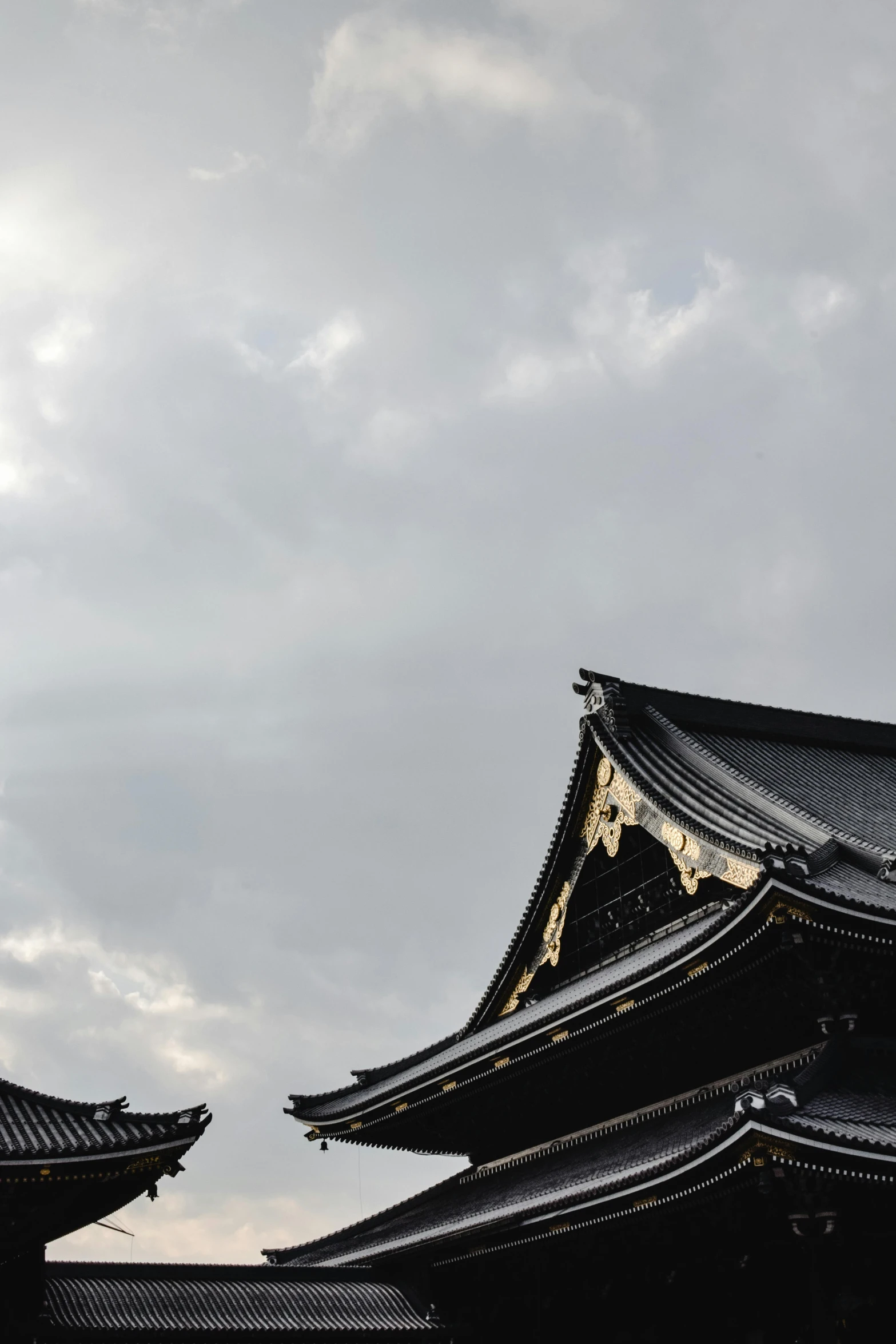 a couple of buildings sitting under a cloudy sky, inspired by Itō Jakuchū, trending on unsplash, sōsaku hanga, low quality photo, castles and temple details, black, roof background