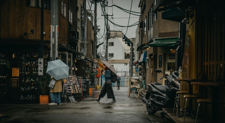 a person walking down a street with an umbrella, pexels contest winner, ukiyo-e, deserted shinjuku junk town, brown, professional photo, after rain and no girls