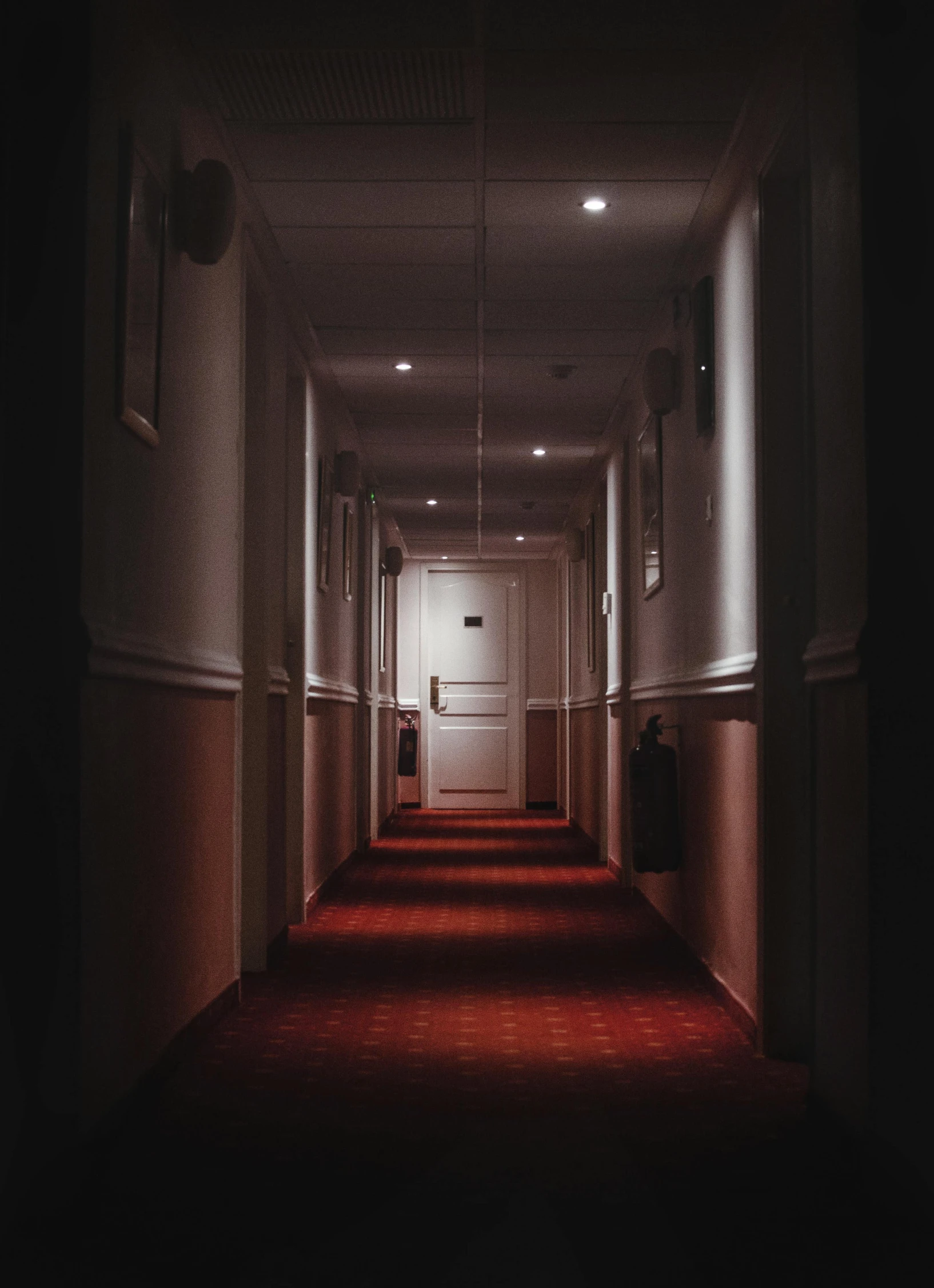 a red carpeted hallway leading to a white door, inspired by Elsa Bleda, unsplash contest winner, haunted gothic hotel, lines of lights, profile picture, ignant