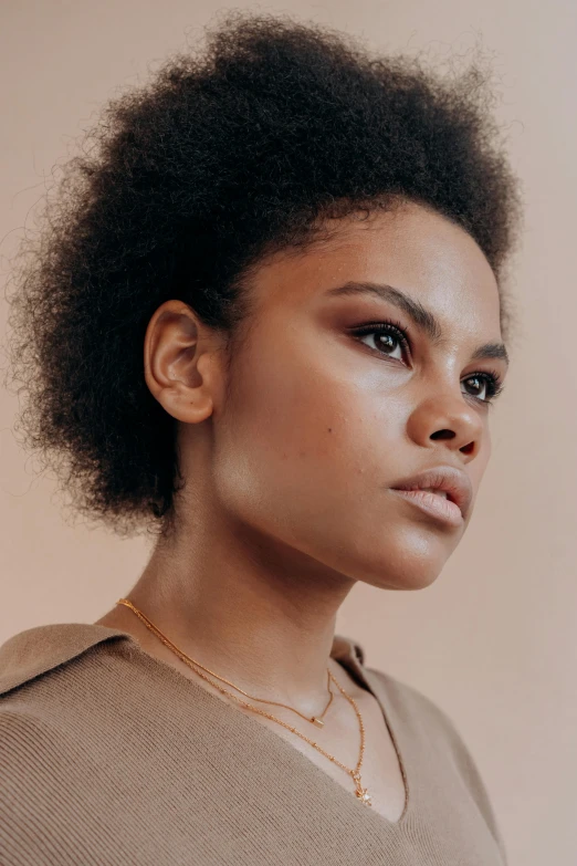 a close up of a person wearing a sweater, by Winona Nelson, trending on pexels, tonalism, brown skin. light makeup, side portrait rugged girl, fluffy neck, line sleek