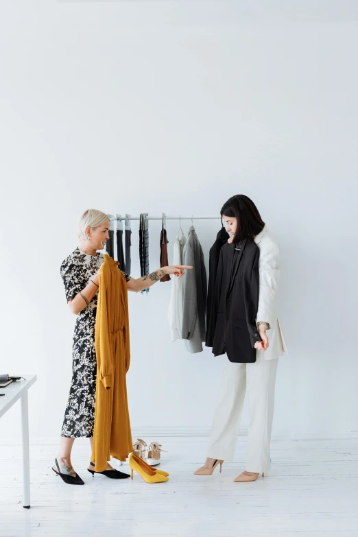 two women standing next to each other in a room, by Nicolette Macnamara, trending on unsplash, minimalism, arper's bazaar, wearing a fancy jacket, people shopping, white background