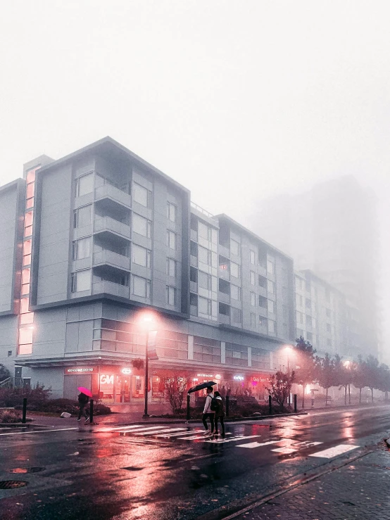 a group of people walking across a street in the rain, a matte painting, inspired by Simon Stalenhag, unsplash contest winner, photorealism, foggy!, dystopian city apartment, hdr render in unreal engine 5, long exposure 8 k