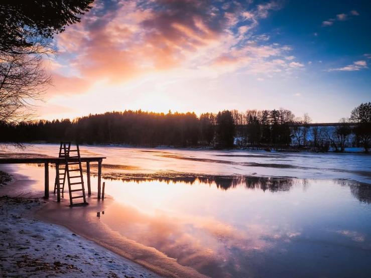 a chair sitting on top of a beach next to a body of water, by Sebastian Spreng, pexels contest winner, romanticism, frozen river, beautiful swedish forest view, which shows a beach at sunset, youtube thumbnail