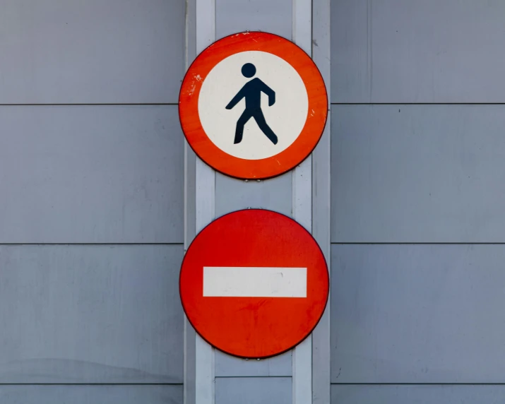 a couple of signs that are on the side of a building, by Eglon van der Neer, pexels, constructivism, random circular platforms, traffic signs, walking down, 8k 50mm iso 10
