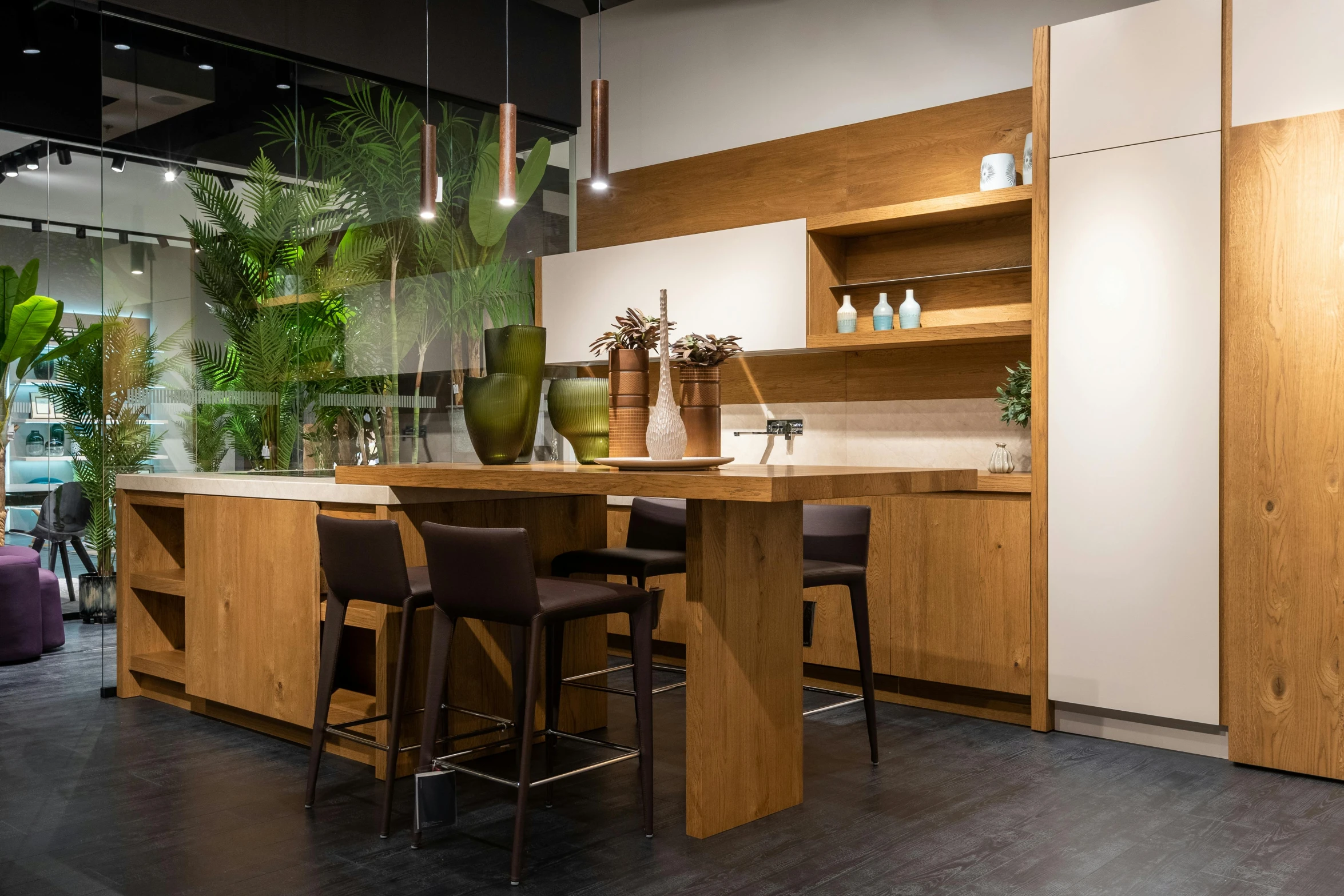 a kitchen filled with lots of wooden furniture, unsplash, lacquered oak reception desk, 15081959 21121991 01012000 4k, tropical wood, neotraditional modern