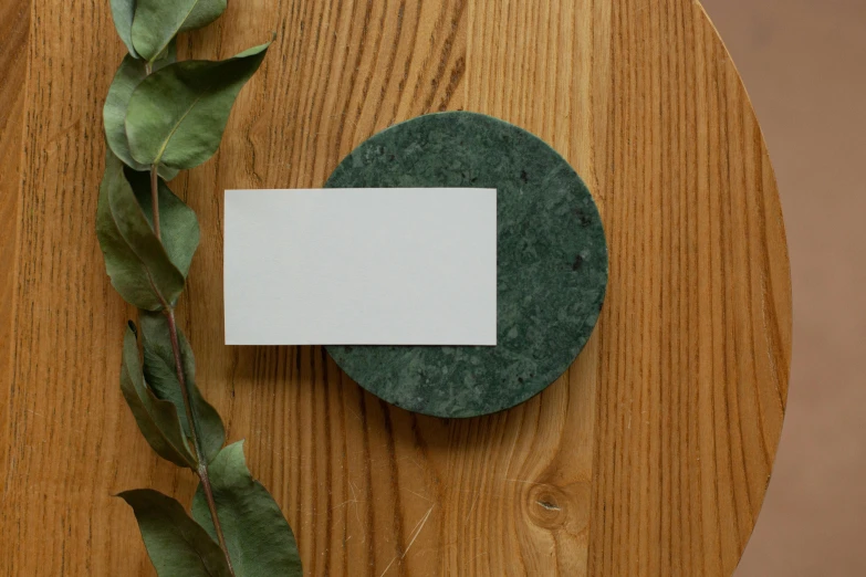 a piece of paper sitting on top of a wooden table, inspired by Art Green, unsplash, suprematism, the stone is round, business card, made of carrara marble, forest green