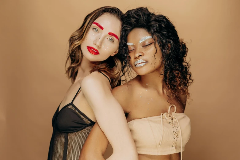 a couple of women standing next to each other, trending on pexels, renaissance, rave makeup, charli bowater and artgeem, model agency, glossy