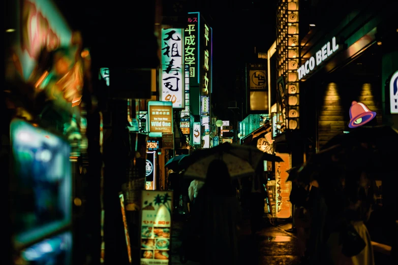 a group of people walking down a street at night, unsplash contest winner, ukiyo-e, green neon signs, shady alleys, ethnicity : japanese, colorful signs