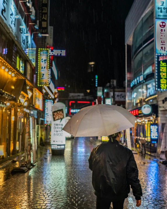 a person walking down a street holding an umbrella, by Jang Seung-eop, unsplash contest winner, pixel art, lgbt, humid evening, traditional korean city, neon signs in background