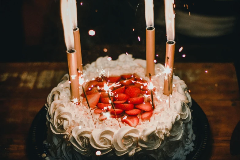 a birthday cake with strawberries and sparklers, by Adam Marczyński, pexels contest winner, silver gold red details, brown, low detailed, brandon woelfel