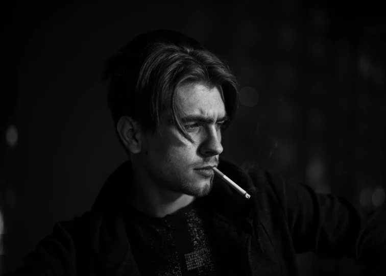 a man smoking a cigarette in a dark room, a character portrait, inspired by Antonin Artaud, pexels contest winner, bauhaus, nathan fillion, portrait of beautiful young man, cinematic outfit photo, drawn in a noir style