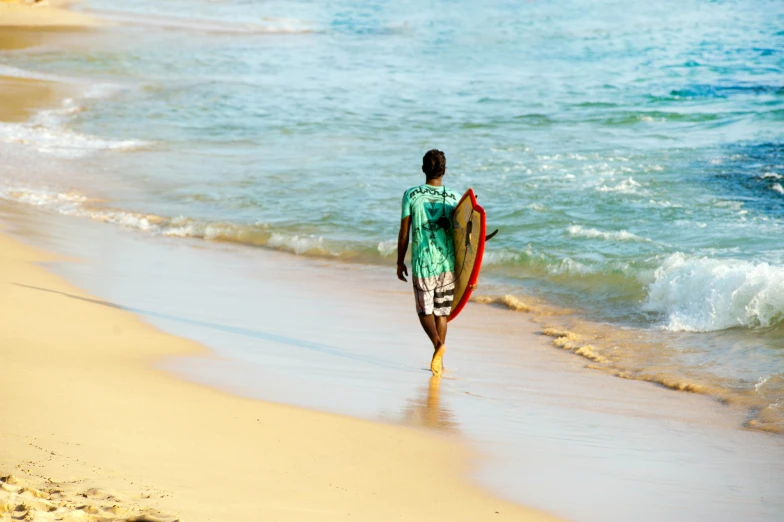 a man walking on the beach with a surfboard, pexels contest winner, jamaican colors, sarong, avatar image, maria borges