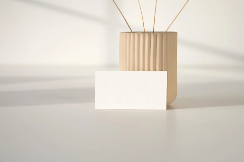 a vase that has some sticks in it, a 3D render, trending on pexels, postminimalism, business card, background image, warm bright white light, card template