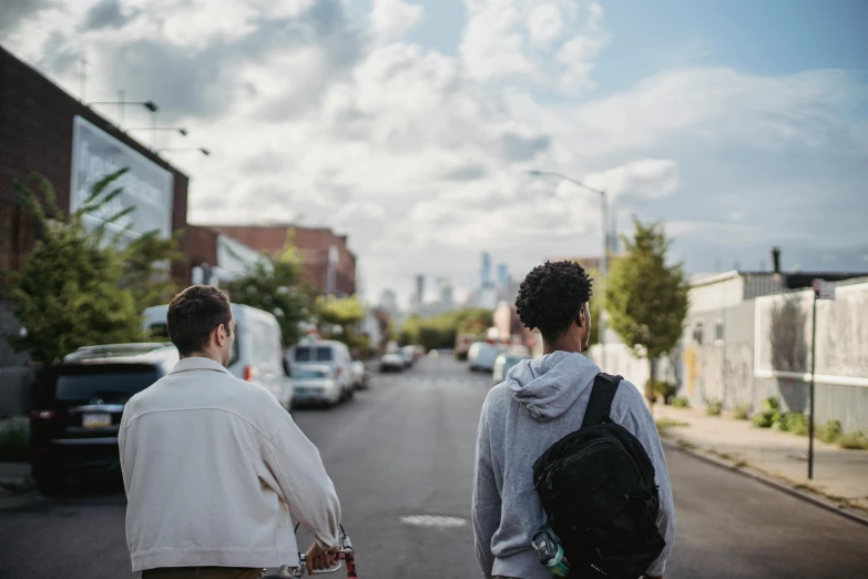 a couple of people that are walking down the street, by Carey Morris, trending on unsplash, brooklyn background, high school, standing in a township street, background image