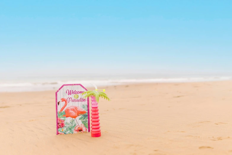 a pink toothbrush sitting on top of a sandy beach, by Rachel Reckitt, pexels contest winner, plasticien, a palm tree, welcome to wonderland, flamingoes, pair of keycards on table