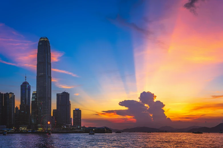 the sun sets over the skyline of hong kong kong kong kong kong kong kong kong kong kong kong kong kong kong kong kong kong kong kong kong, pexels contest winner, colourful sky, youtube thumbnail, viewed from the ocean, fan favorite