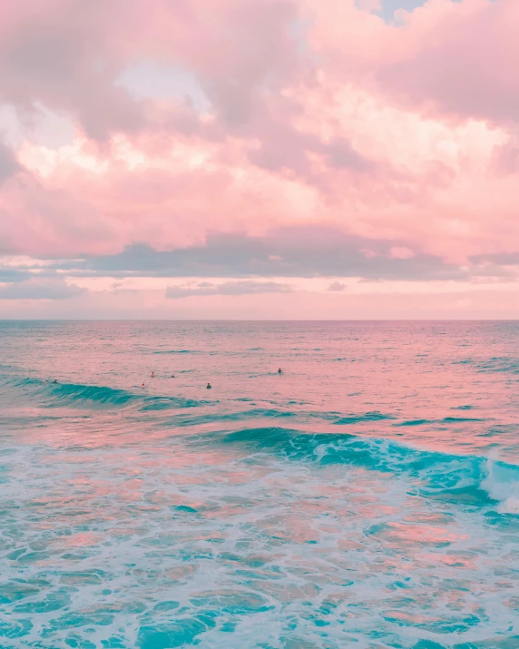 a person standing on top of a surfboard in the ocean, inspired by Elsa Bleda, unsplash contest winner, aestheticism, fluffy pink anime clouds, profile image, shades of pink and blue, a photo of the ocean