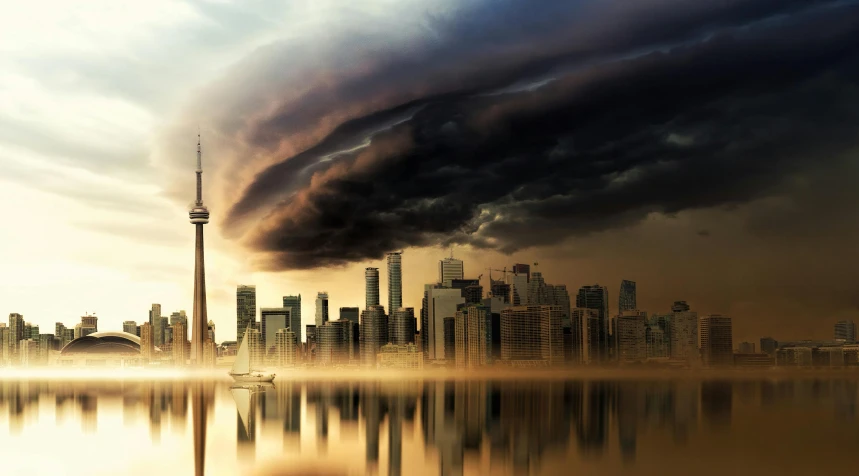 a large body of water with a city in the background, pexels contest winner, surrealism, apocalypse storm, toronto, instagram post, istockphoto