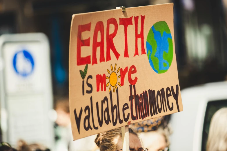 a woman holding a sign that says earth is more valuable than money, by Everett Warner, trending on unsplash, renaissance, closeup shot, avatar image, ecovillage, 2029