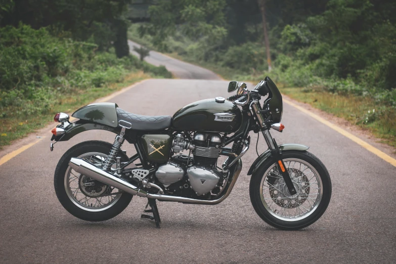 a motorcycle parked on the side of a road, a portrait, by Tom Bonson, pexels contest winner, olive green, triumph, in front of a forest background, iconic design