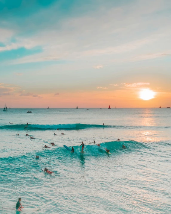 a group of people swimming in the ocean at sunset, by Robbie Trevino, pexels contest winner, standing on surfboards, 🚿🗝📝, manila, thumbnail