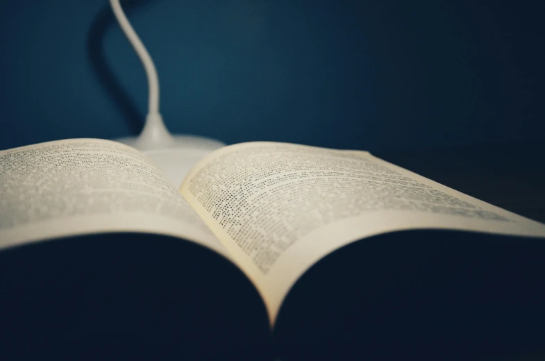 an open book sitting on top of a table, by Carey Morris, unsplash, figuration libre, emerging from a lamp, soft blue light, including a long tail, biblical
